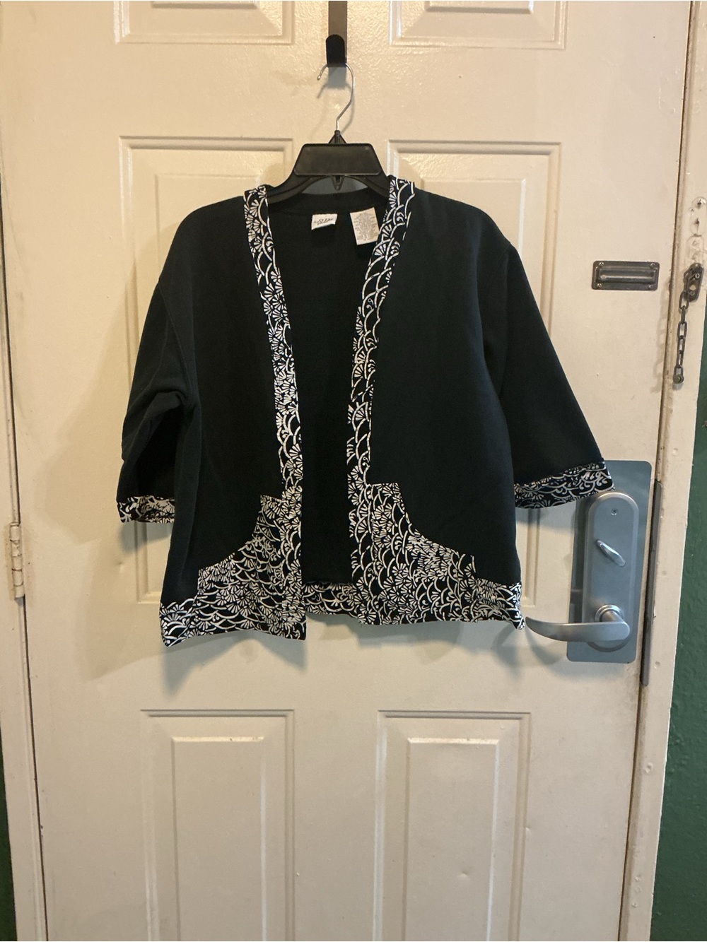 St. John's Bay Black Open-Front Cardigan with White Floral Trim